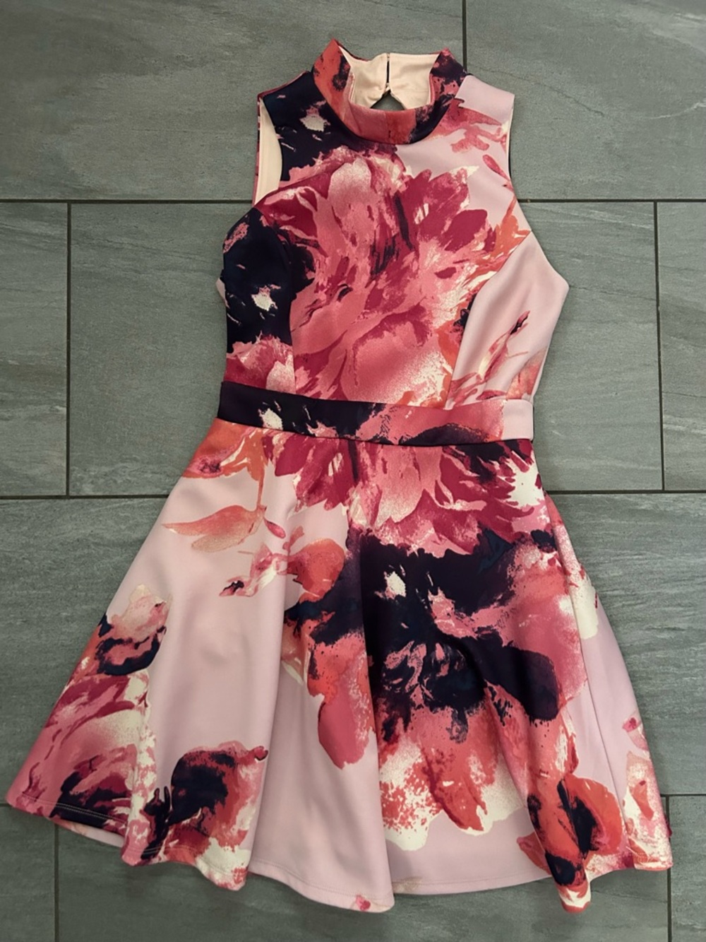 Emerald Sundae Pink, Coral & Black Floral Fit-and-Flare Mini Dress